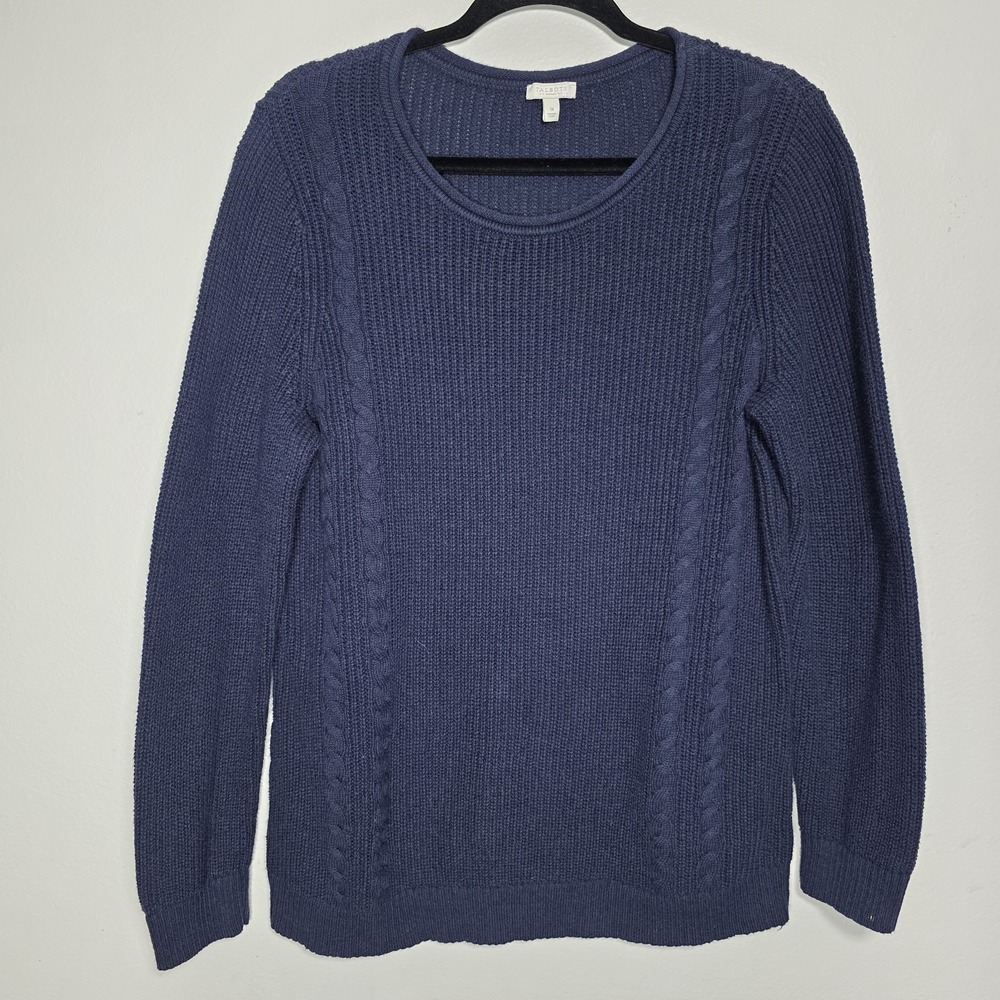 Talbots Womens 1X Cable Knit Preppy Sweater Navy Blue Fisherman Equestrian